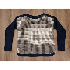 Talbots Wool Blend Navy & Camel Boatneck Knit Sweater Size Large XLP Preppy Cozy